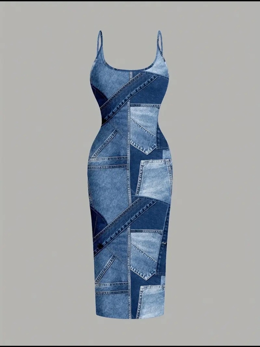 Denim Patchwork Bodycon Midi Dress - Blue